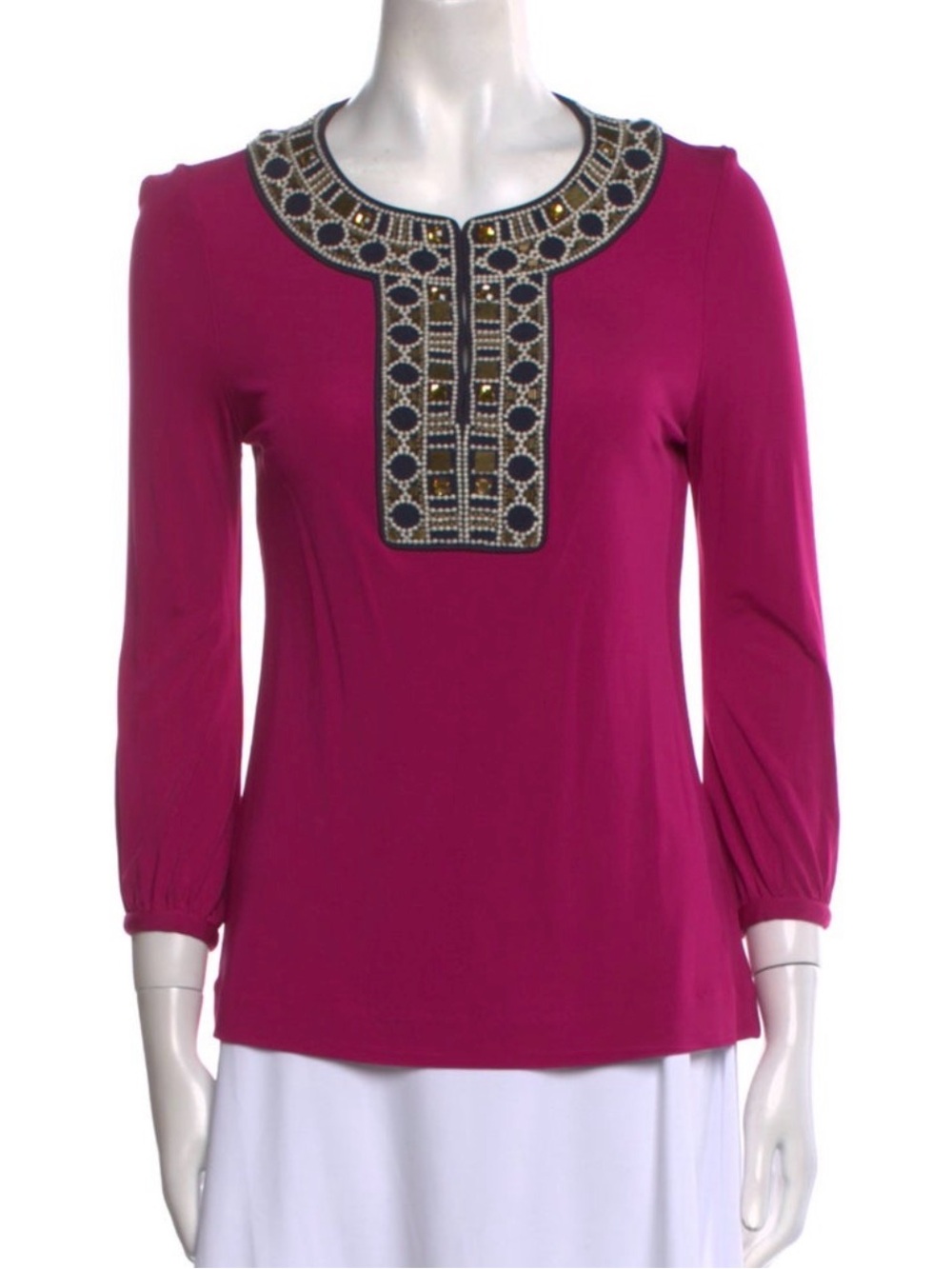Tory Burch Magenta Long-Sleeve Top with Beaded Yoke